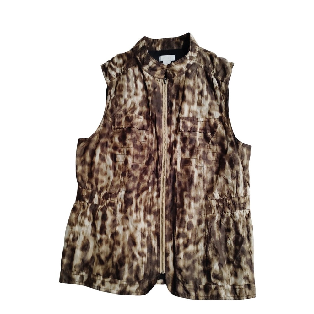 Chicos Womens Brown Animal‎ Print Metallic Silk Blend Zip Front Vest Size 0 S